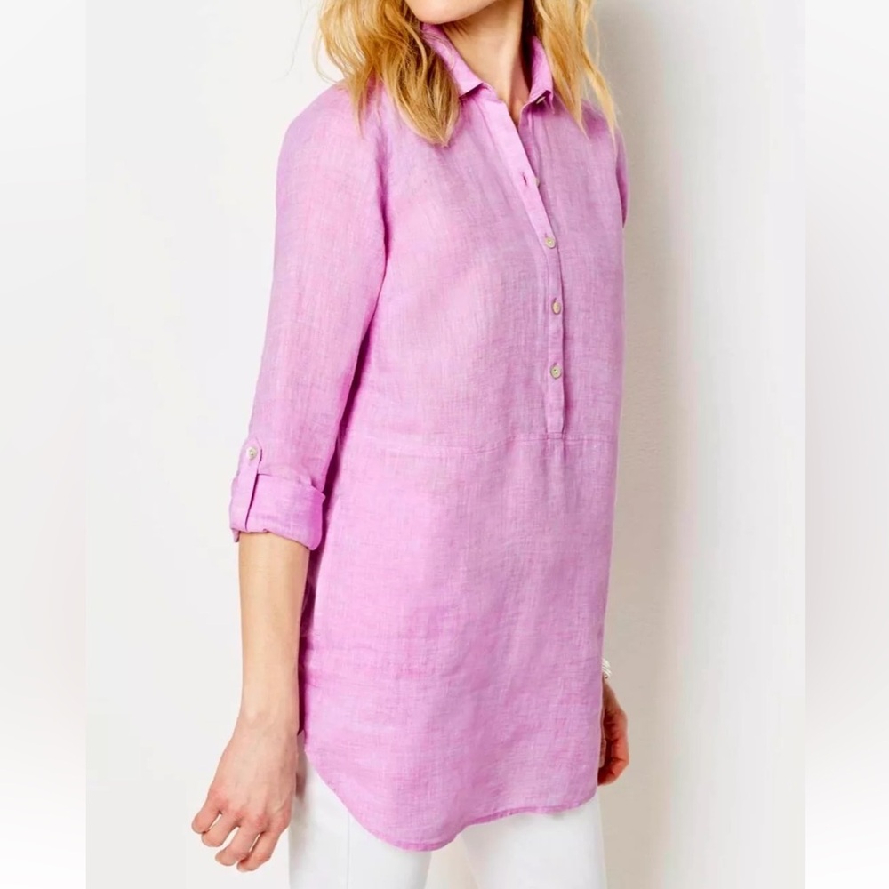 J. Jill Love Linen Tunic top pink lavender 
 100% Linen Woman’s L Petite Flowy